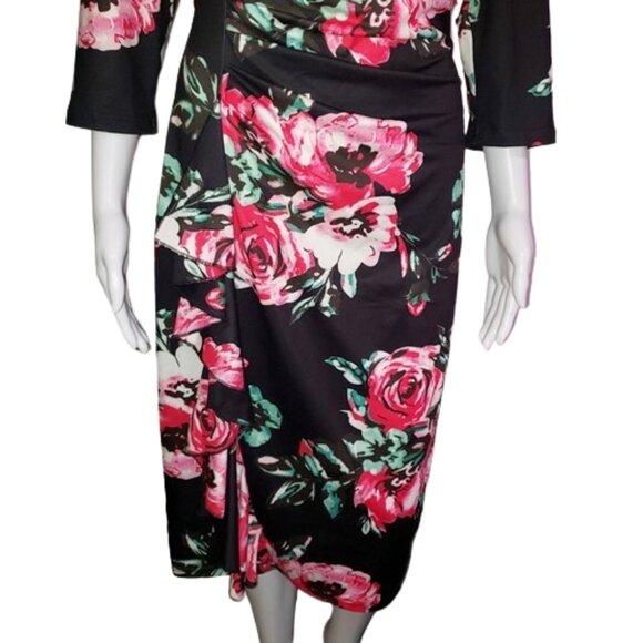 Dark/light pink roses on Black background side ruffle bodycon sexy dress size L - Picture 3 of 9